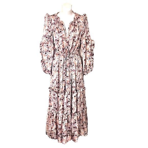 Alexis Satin Sequined Floral Peasant Flowy Pastel Pink Tiered MIDI Maxi Dress S - Picture 1 of 16